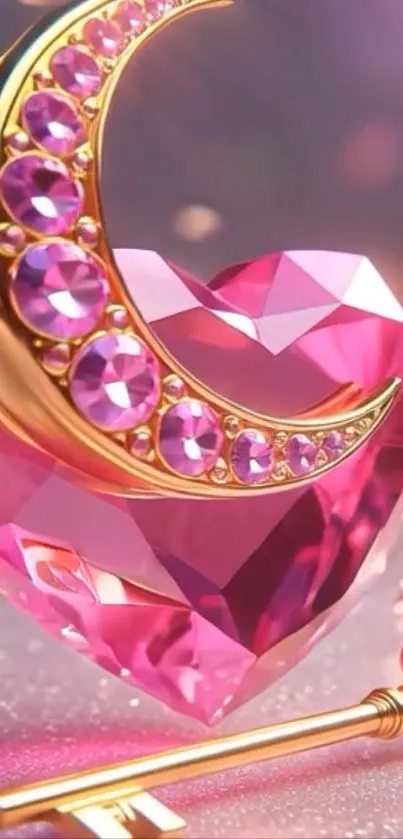 Pink gemstone heart with crescent key design.
