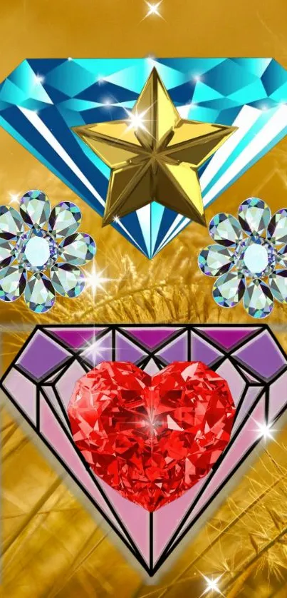 Colorful gemstone mobile wallpaper with red heart and golden background.