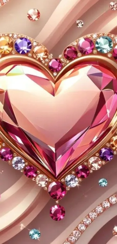 A vibrant gemstone heart with colorful jewels on a mobile wallpaper background.