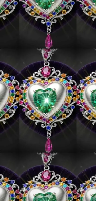 Colorful gemstone heart patterned wallpaper.
