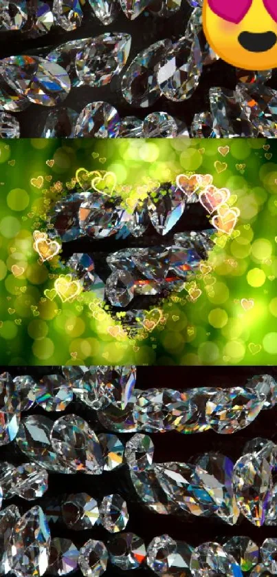 Vibrant gemstone heart with hearts and emoji on crystals.
