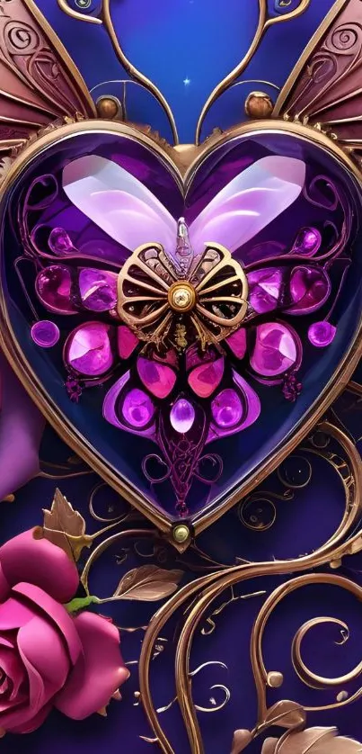 Purple gemstone heart with roses and floral design wallpaper