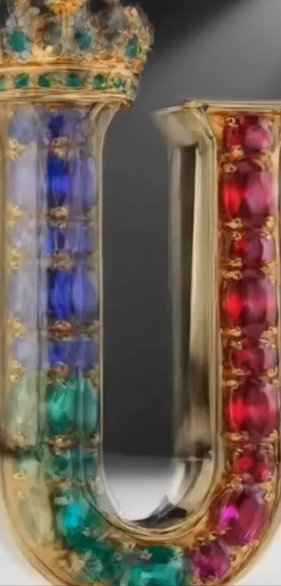 Gold letter U with colorful gemstones and crown.