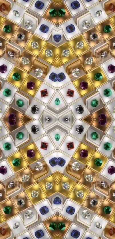 Vibrant gemstone mosaic pattern with colorful jewels and symmetrical design.