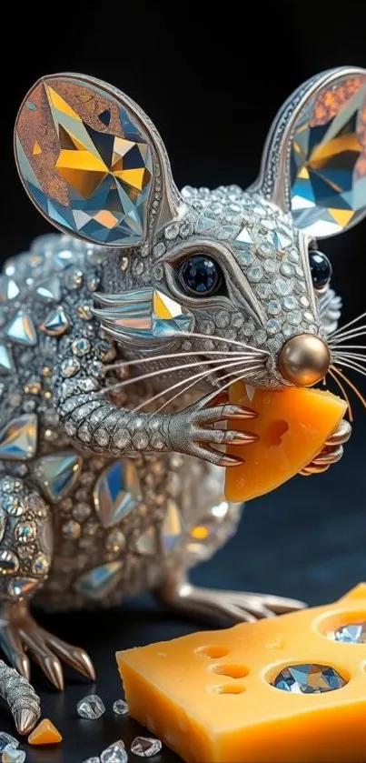 Gemstone-encrusted mouse eating cheese.