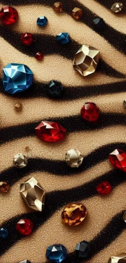 Colorful gemstones on black and gold stripes.