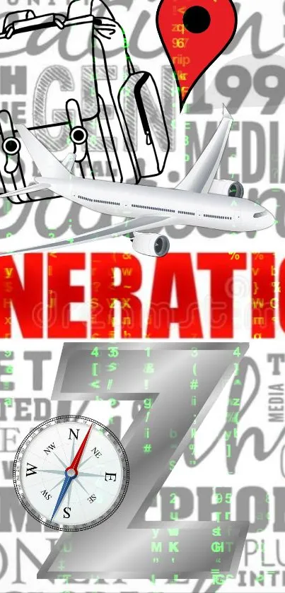 Colorful Generation Z travel-themed wallpaper with airplane and compass.