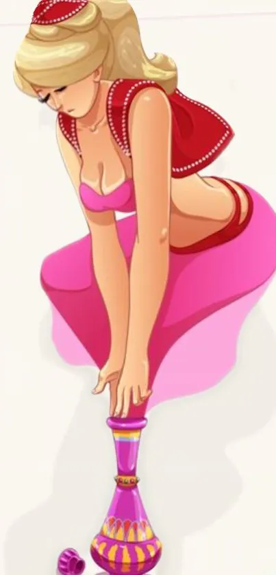 Pink-clad genie character illustration for mobile wallpaper.