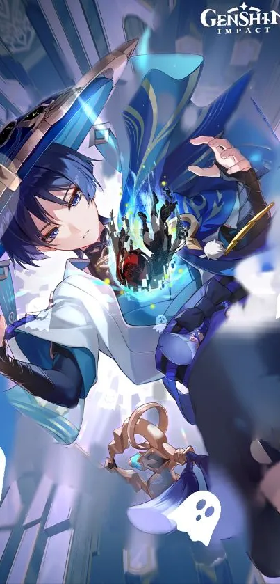 Genshin Impact anime character art with a blue tone and magical fantasy theme.