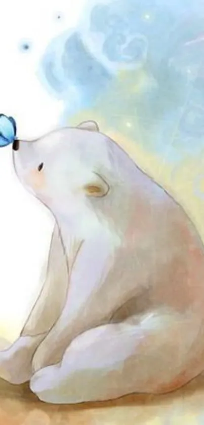 A gentle bear with a butterfly on its nose, set in soft pastels.