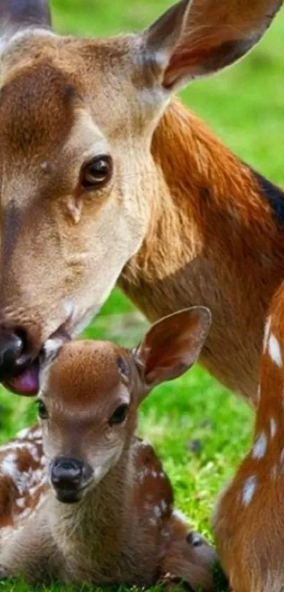 Doe nuzzling her fawn on a green background, creating a serene and tender scene.