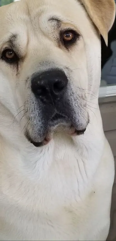 Close-up of a gentle, large beige dog looking forward.