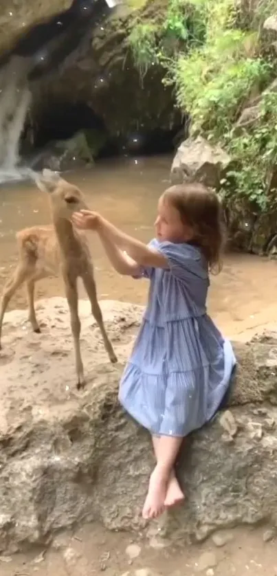 Girl and fawn by a waterfall in forest setting.