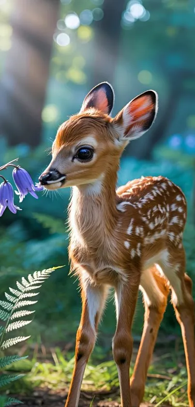 A young fawn standing in a sunlit forest with bell flowers.