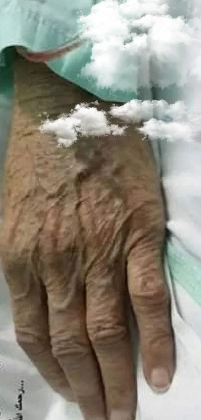 Elderly hand resting on a hospital bed.