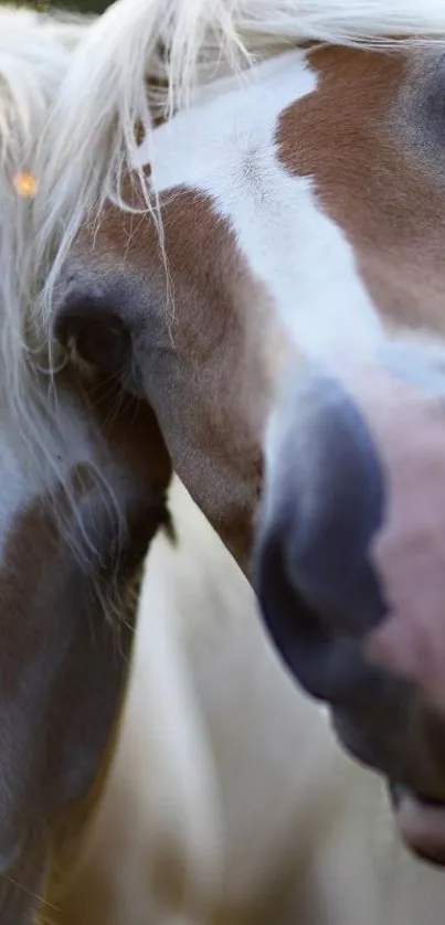 Two gentle horses touching heads with flowing manes.