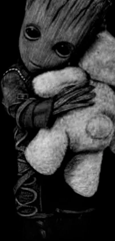 Alien-like creature hugging a teddy bear on dark background.