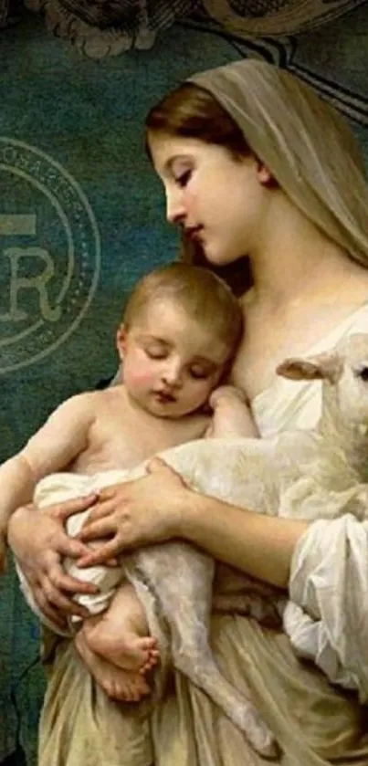 Madonna holding child and lamb in serene artwork.