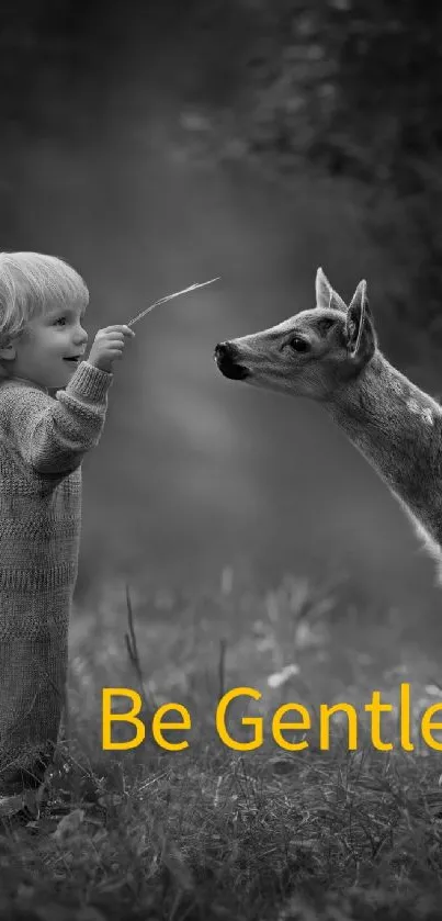 Child with deer in forest, text 'Be Gentle', grayscale wallpaper scene.