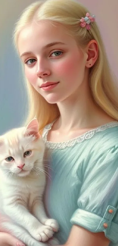 Portrait of a young woman with a white cat in soft pastel colors.