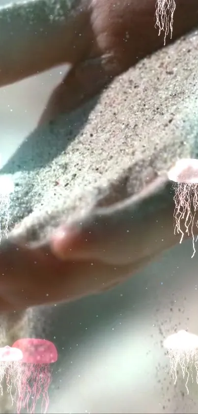 Sand slips through fingers with floating jellyfish art.