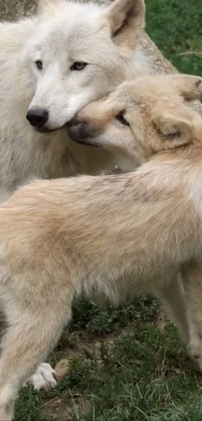 Two wolves embracing in a grassy landscape, radiating warmth.