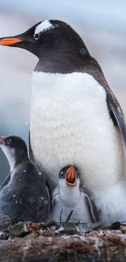 Gentoo penguin with chicks in snowy Antarctica.