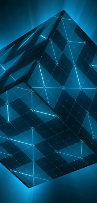 Geometric 3D blue cube wallpaper with glowing lines.