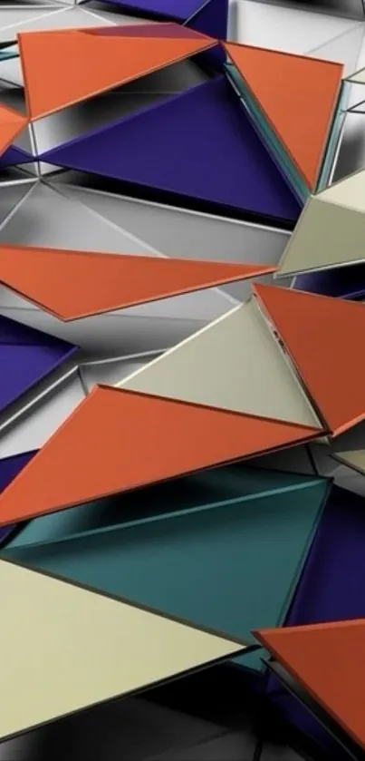 Vibrant geometric abstract art with triangular patterns in orange and purple hues.