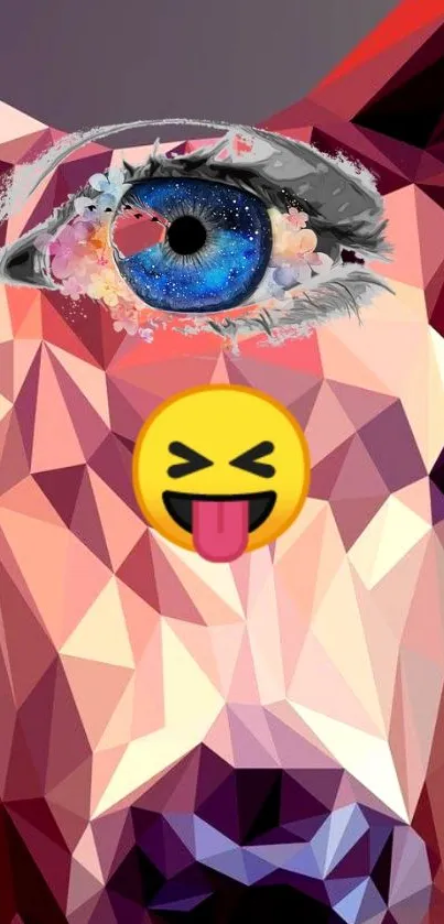 Geometric abstract art wallpaper with an eye and emoji.