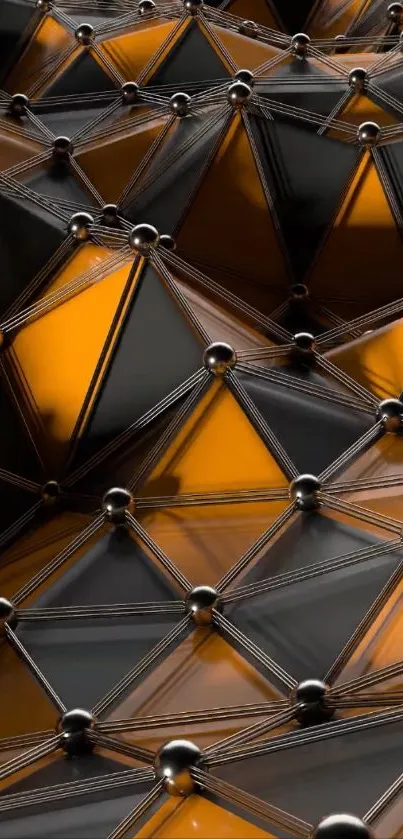 Geometric abstract wallpaper with orange and black triangular patterns.