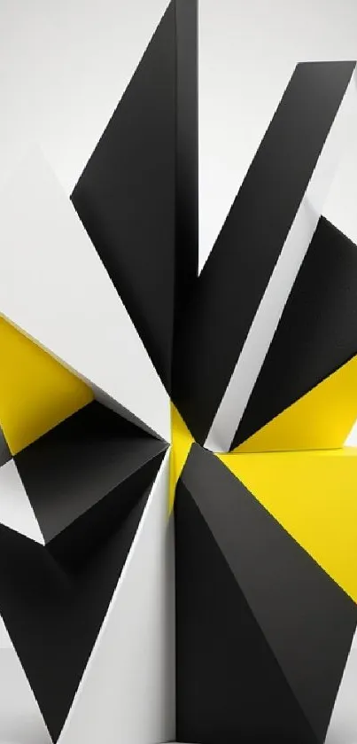 3D geometric shapes in black, white, and yellow on a mobile wallpaper.