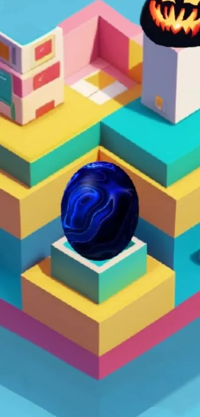 Vivid geometric wallpaper with blue shapes and abstract design.