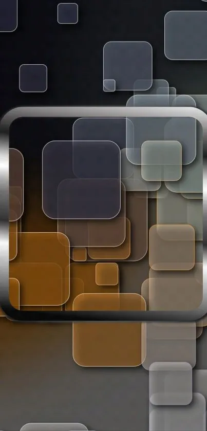 Abstract geometric wallpaper with layered squares in dark and warm tones.