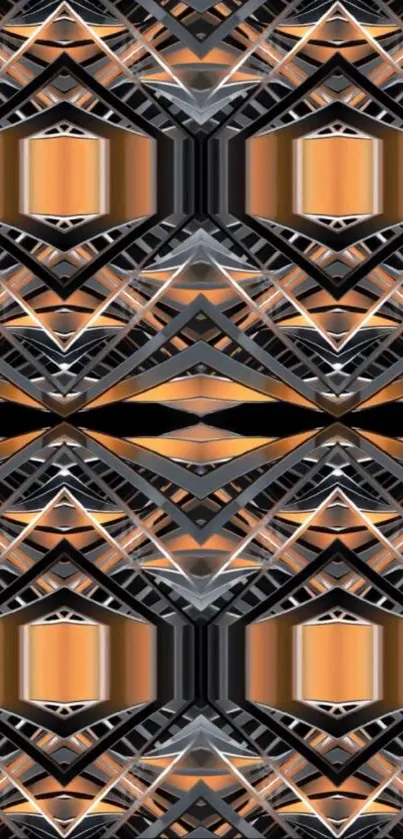 Intricate geometric abstract wallpaper design with copper hues.