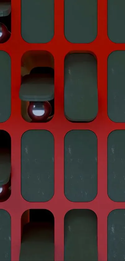 Abstract red grid wallpaper with glossy spheres.
