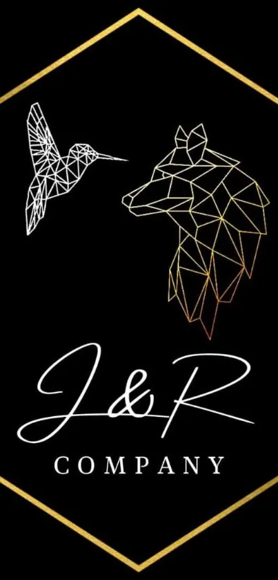 Geometric hummingbird and wolf illustration on a black background with gold accents.