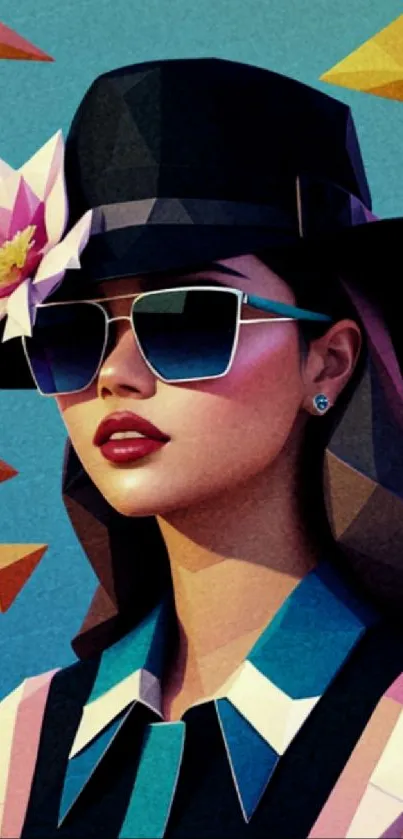 Vibrant geometric art of a fashionable woman wearing sunglasses and a hat.