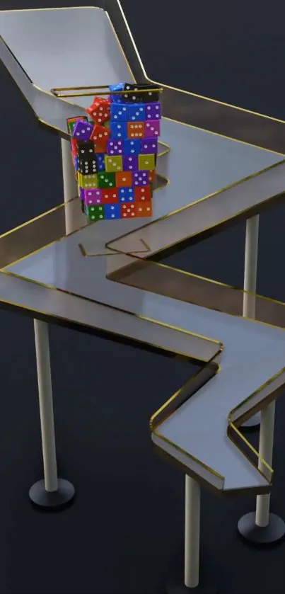 Geometric maze with colorful dice artwork.