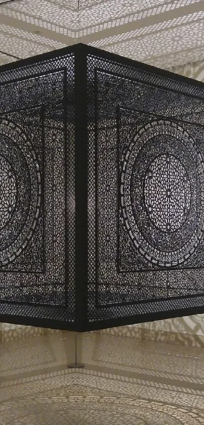Geometric art wallpaper with patterns and black cube.