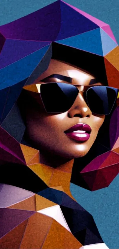 Geometric art of a woman in sunglasses on a blue background.