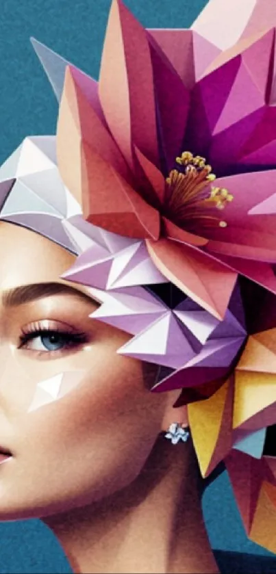 Woman with geometric floral headpiece in digital art wallpaper.