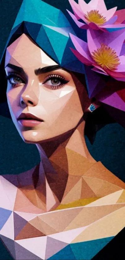 Stylized geometric portrait wallpaper with vivid colors.