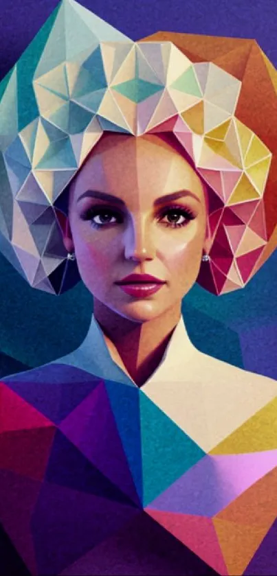 Geometric art wallpaper with vibrant colors and central female portrait.