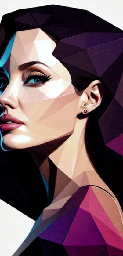 Geometric portrait in purple and pink hues with striking artistic style.