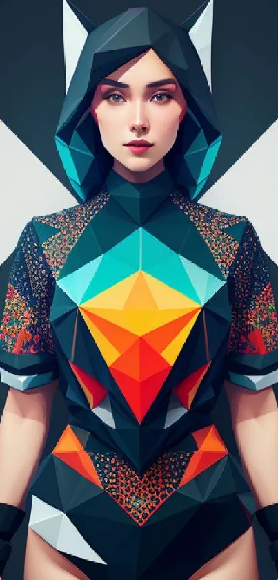 Vibrant geometric woman in colorful abstract art.