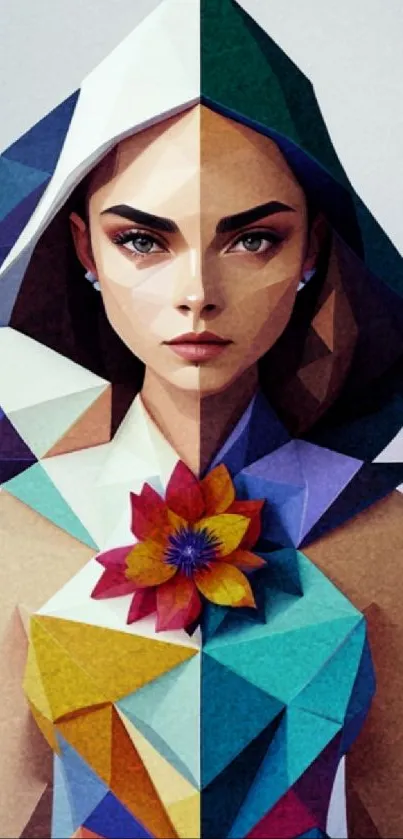 Geometric art wallpaper featuring a colorful woman portrait with abstract design.