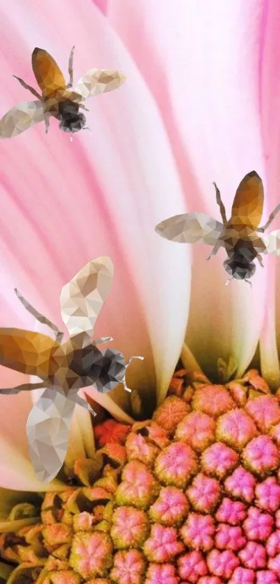 Geometric bees hover over a vibrant pink flower.