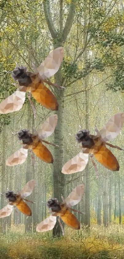 Geometric bees hover in a misty forest.