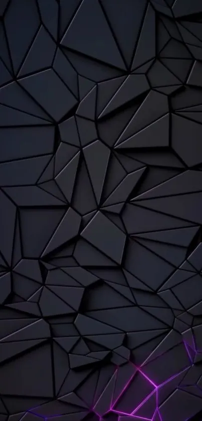 Geometric abstract wallpaper with black polygons and purple accents.